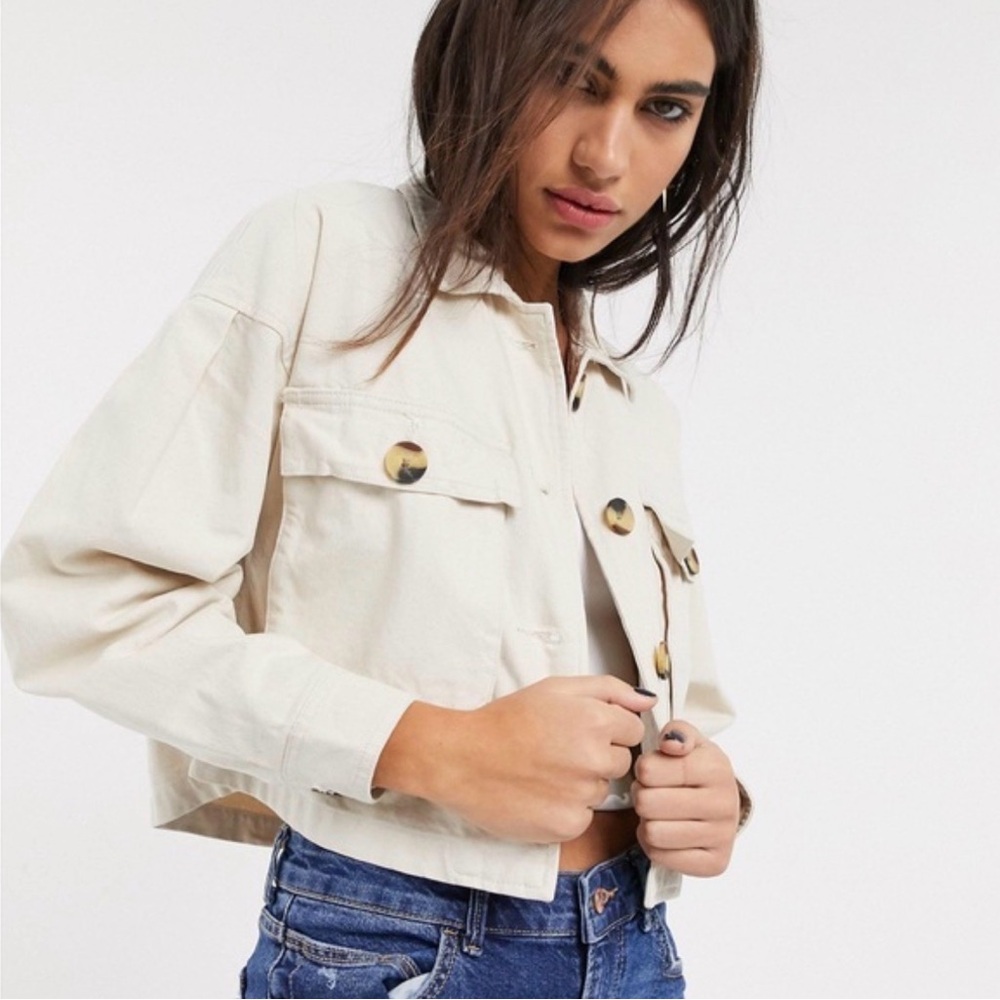 Bershka Cream Cropped Utility Canvas Jacket Button Front Size S